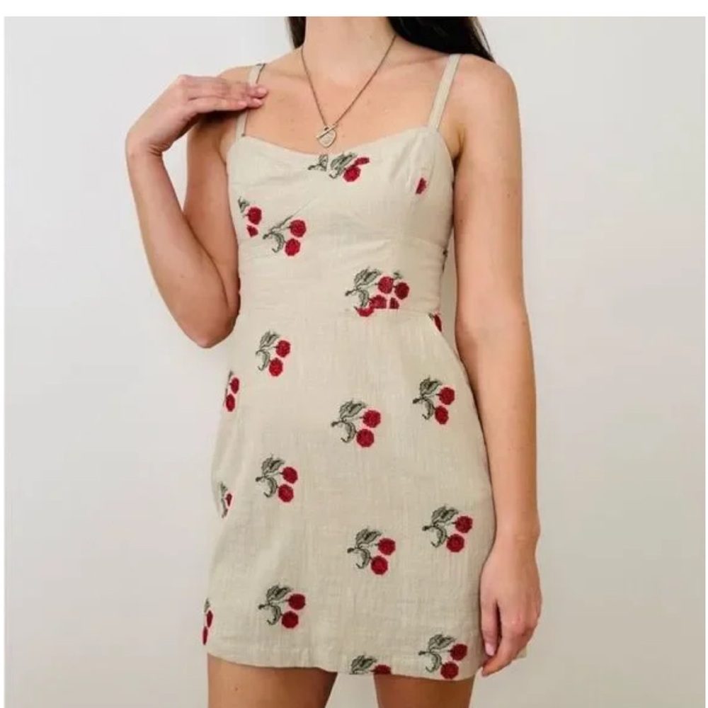 Urban Outfitters Small Cream Embroidered Cherry Print Cotton Mini Dress